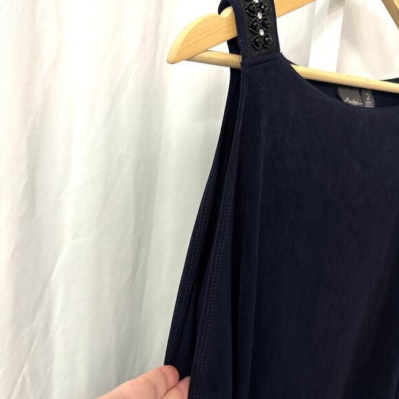 Chicos Travelers Tunic Top Large Size 2 Navy Blue Cold Shoulder - Picture 8 of 11